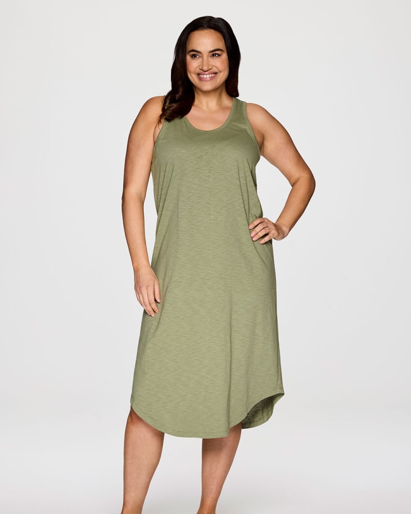 Front of a model wearing a size 3X Plus Weekender Midi Tank Dress in Olive by RBX Active. | dia_product_style_image_id:348061